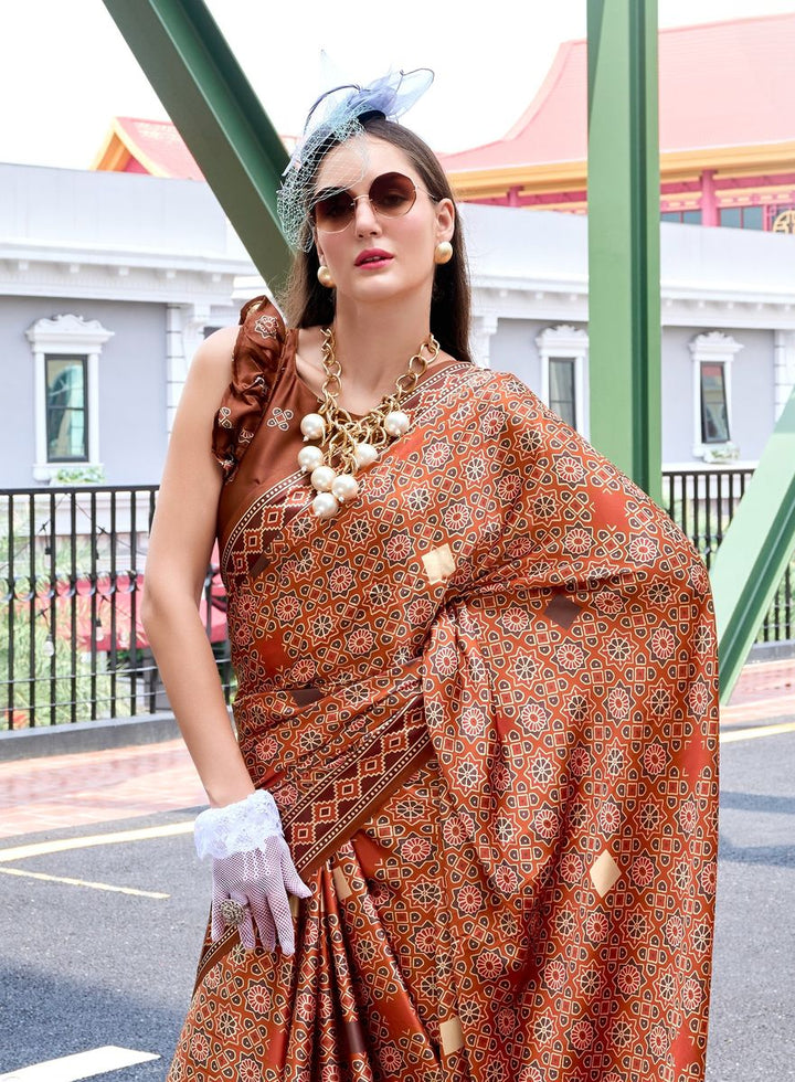 Brown Color Satin Crape With Baghru Style Digital Print Saree