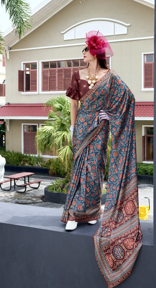 Brown Color Satin Crape With Baghru Style Digital Print Saree