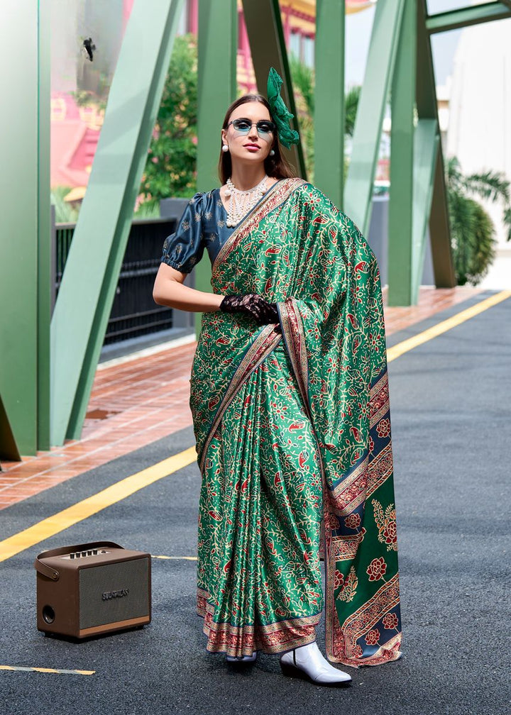 Green Color Satin Crape With Baghru Style Digital Print Saree