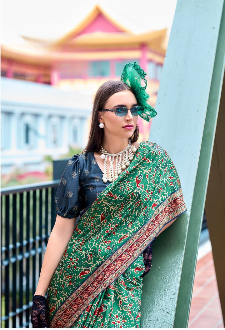 Green Color Satin Crape With Baghru Style Digital Print Saree