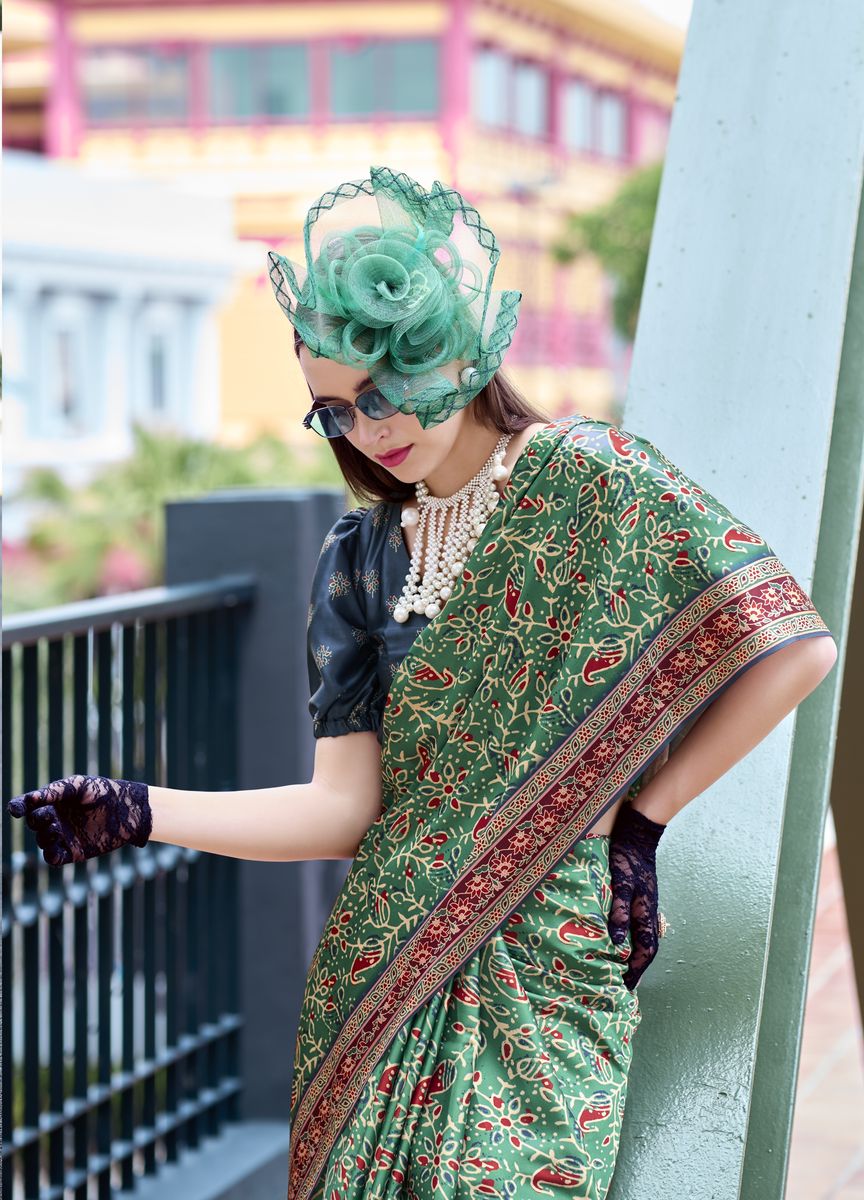 Green Color Satin Crape With Baghru Style Digital Print Saree