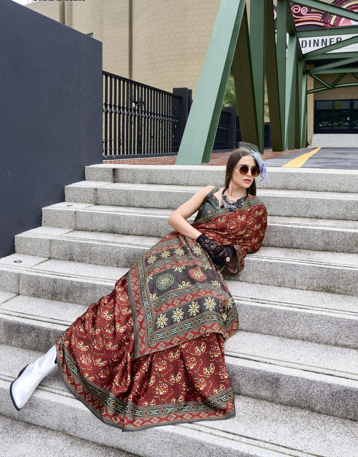 Maroon Color Satin Crape With Baghru Style Digital Print Saree