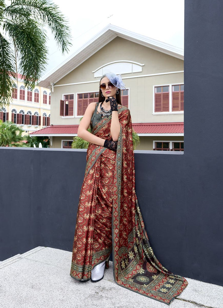 Maroon Color Satin Crape With Baghru Style Digital Print Saree