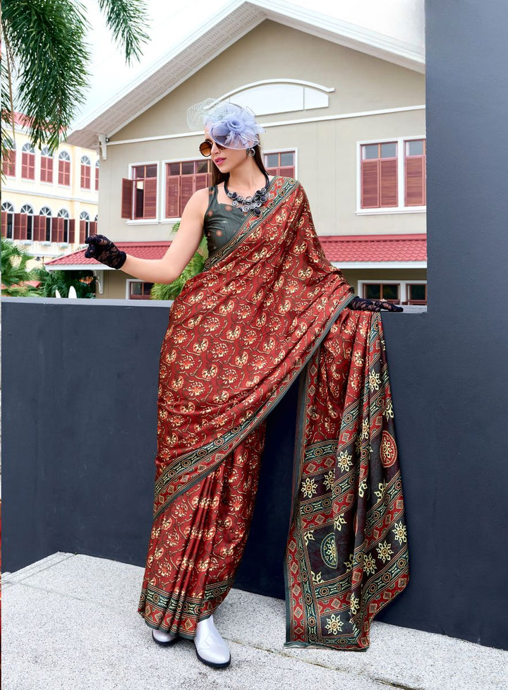 Maroon Color Satin Crape With Baghru Style Digital Print Saree