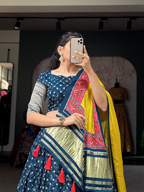 Viscose Dola Silk Printed With Zari Weaving Work Lehenga Choli in Navy Blue Color