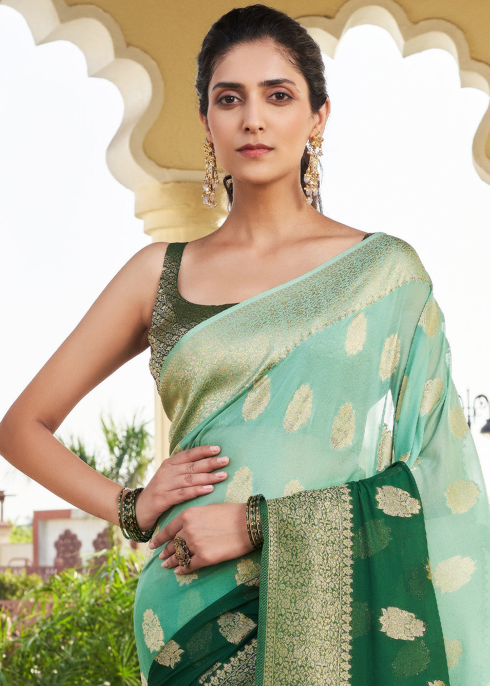 Shades Of Green Zari Woven Georgette Saree - qivii