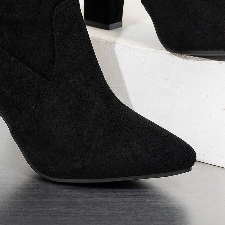 Women’s Suede ChunkyEdge Knee-High Boots – Pointed Toe Chunky Heel Tall Boots (US 4–10.5)