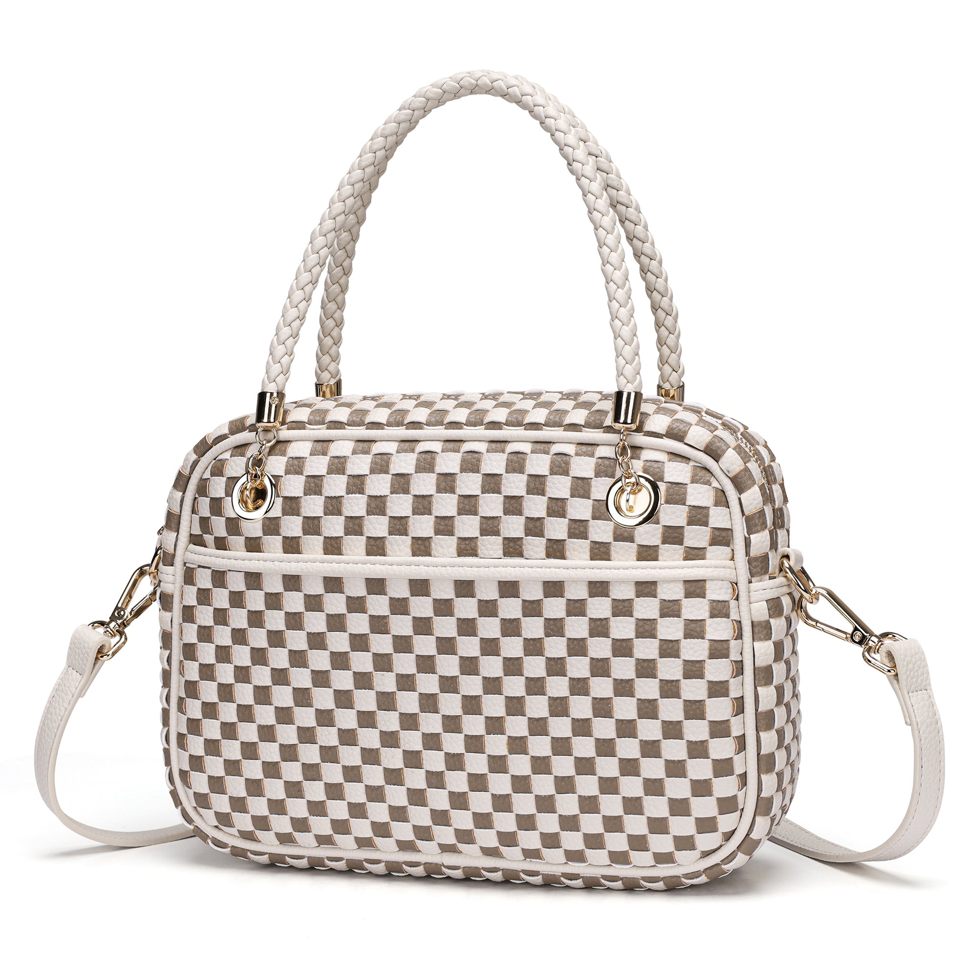 Ounamei Chic Checkered Woven Handbag Top Handle Crossbody Shoulder Bag Vegan Leather