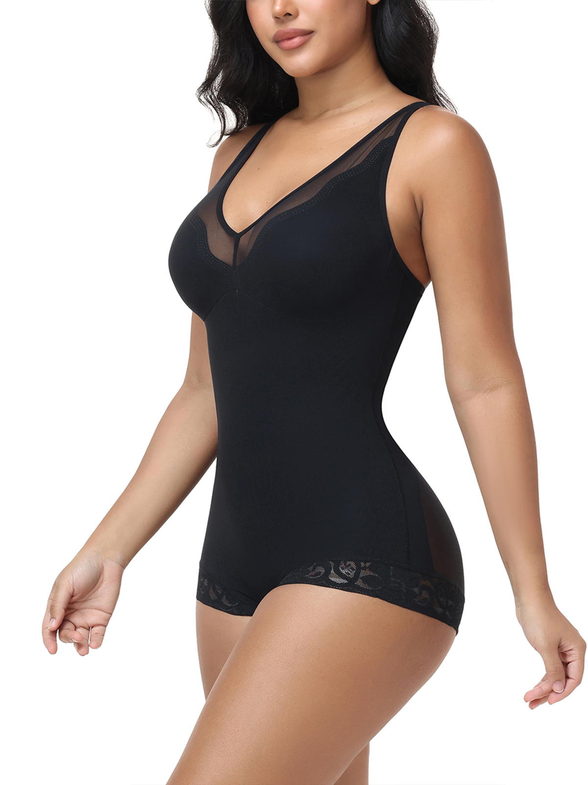 V Neck Adjustable Strap Lace Trim Tummy Control Butt Lifting Bodysuit