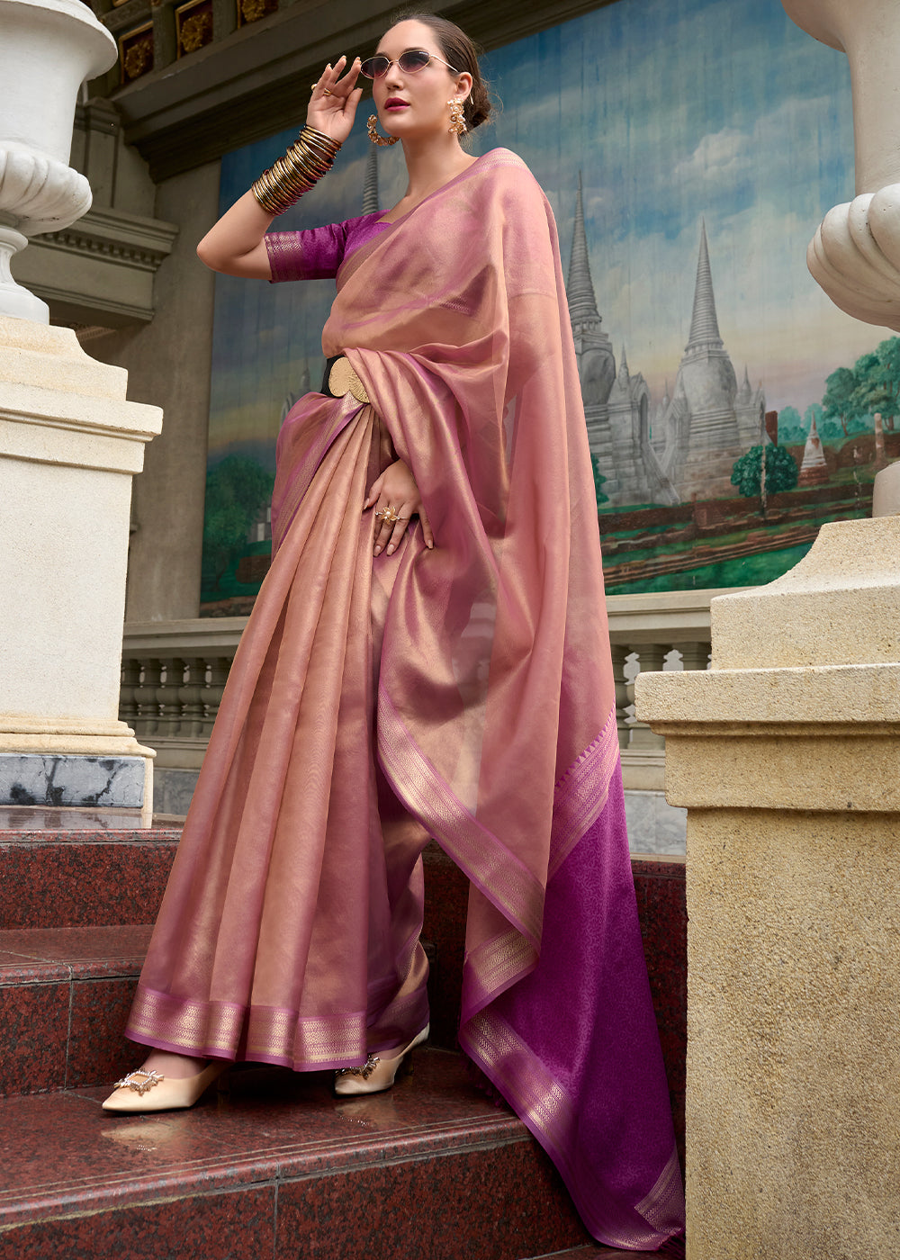 Shades of Purple Zari Woven Tissue Silk Saree with Gold Border and Floral Motifs