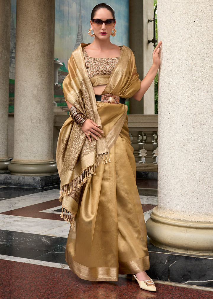 Shades Of Brown Zari Woven Tissue Silk Saree