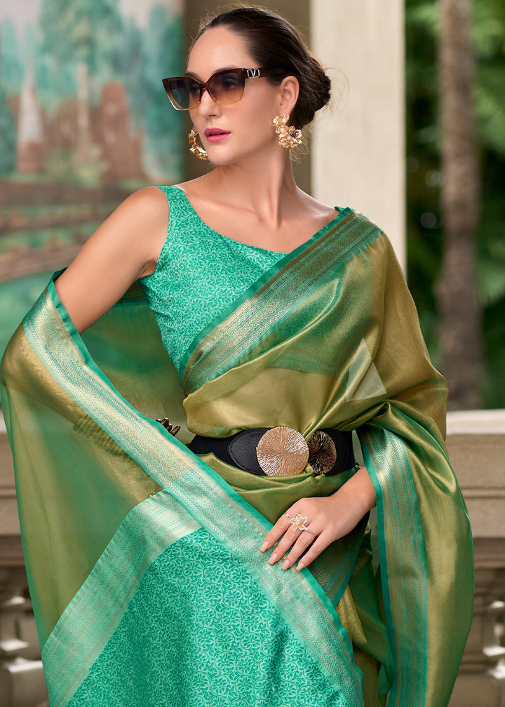 Shades Of Green Zari Woven Tissue Silk Saree