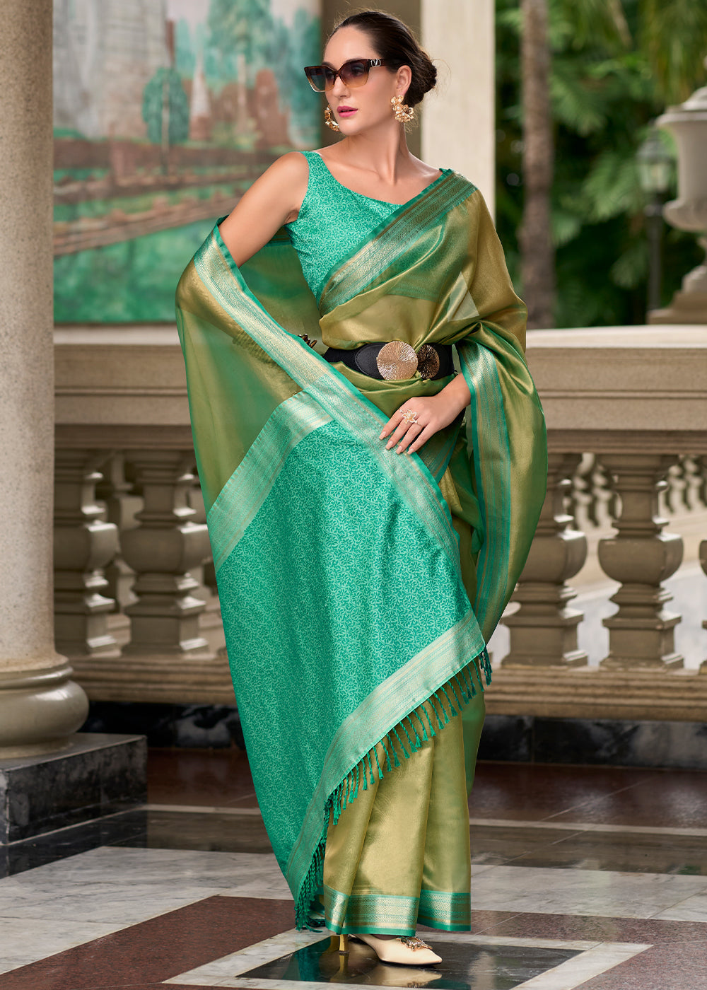 Shades Of Green Zari Woven Tissue Silk Saree - qivii