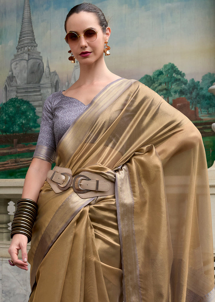 Brown & Blue Zari Woven Tissue Silk Saree