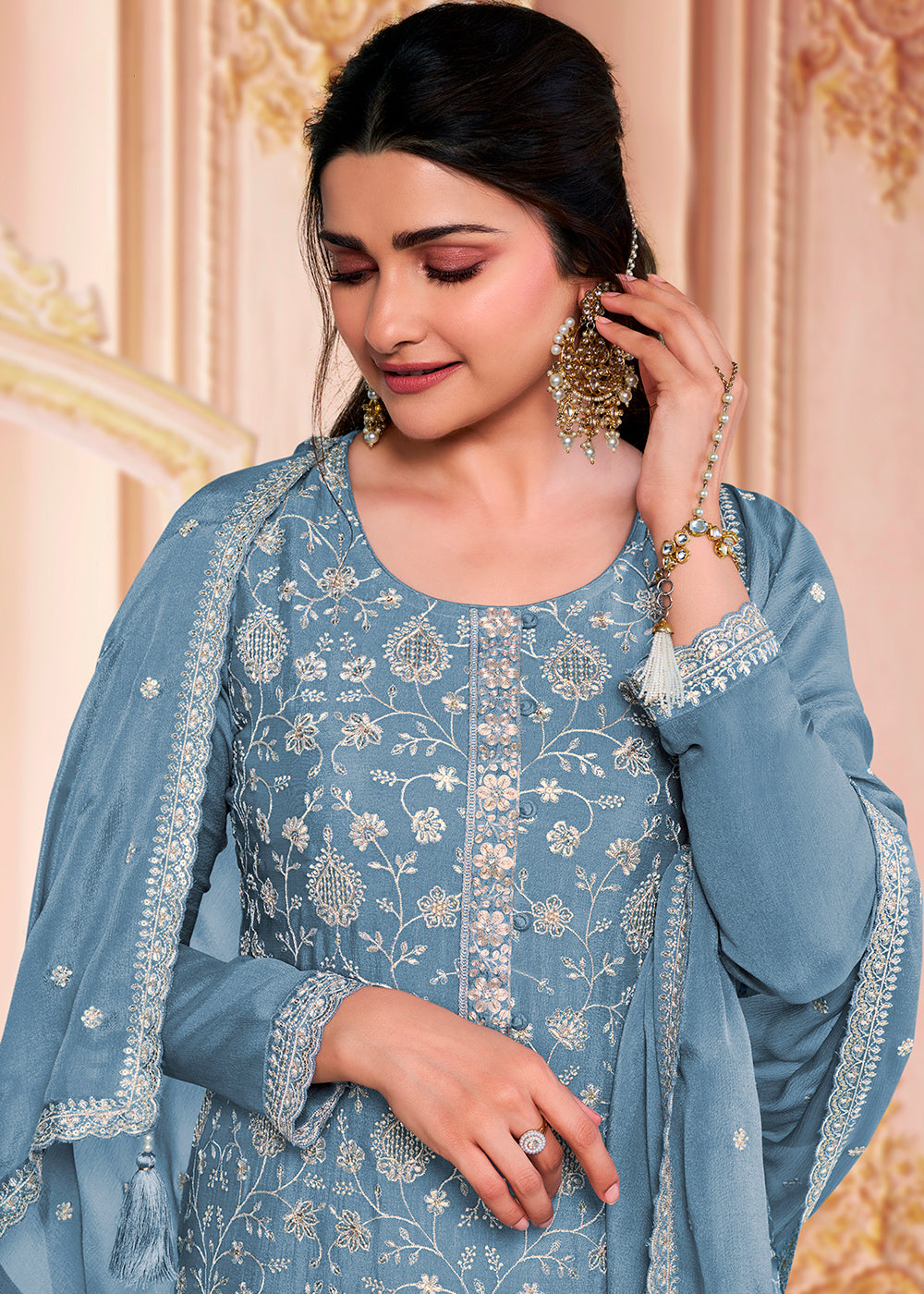 Steel Blue Designer Thread Embroidered Chinon Silk Suit