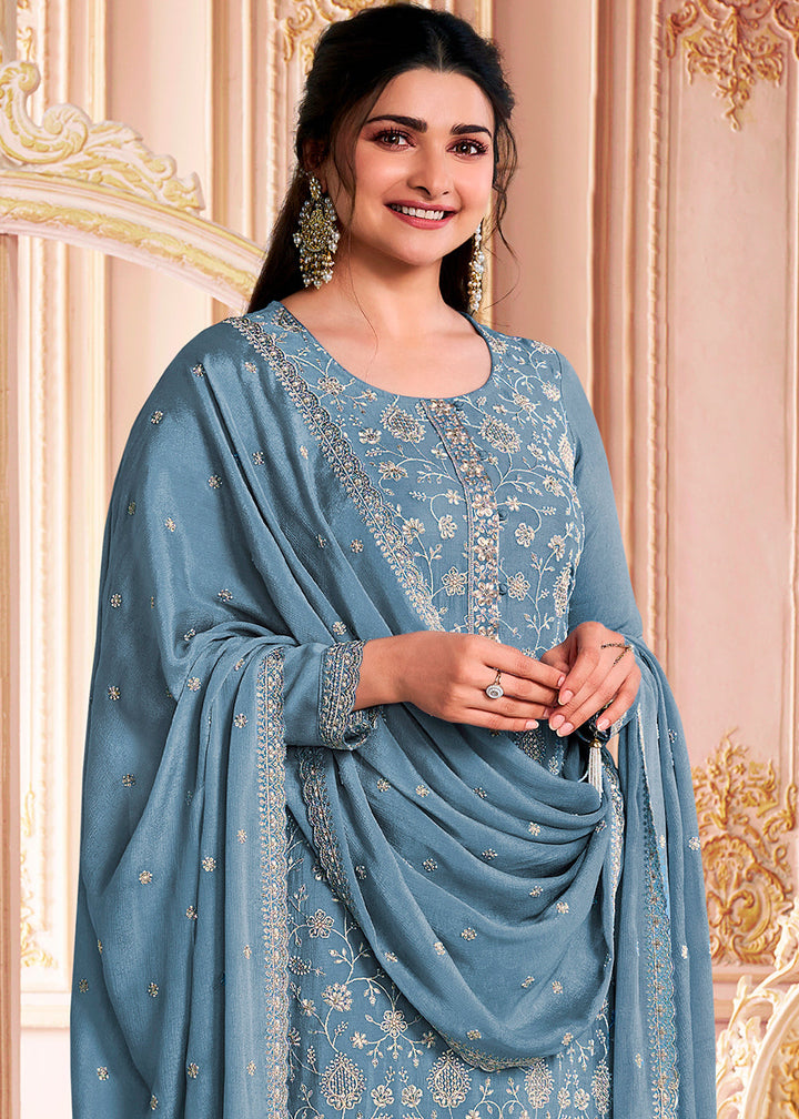 Steel Blue Designer Thread Embroidered Chinon Silk Suit