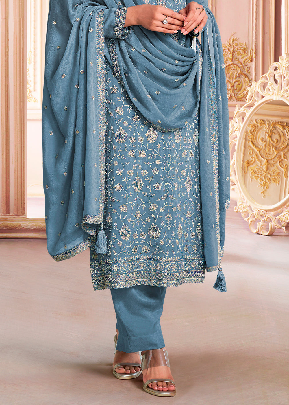 Steel Blue Designer Thread Embroidered Chinon Silk Suit