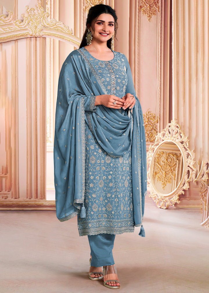 Steel Blue Designer Thread Embroidered Chinon Silk Suit