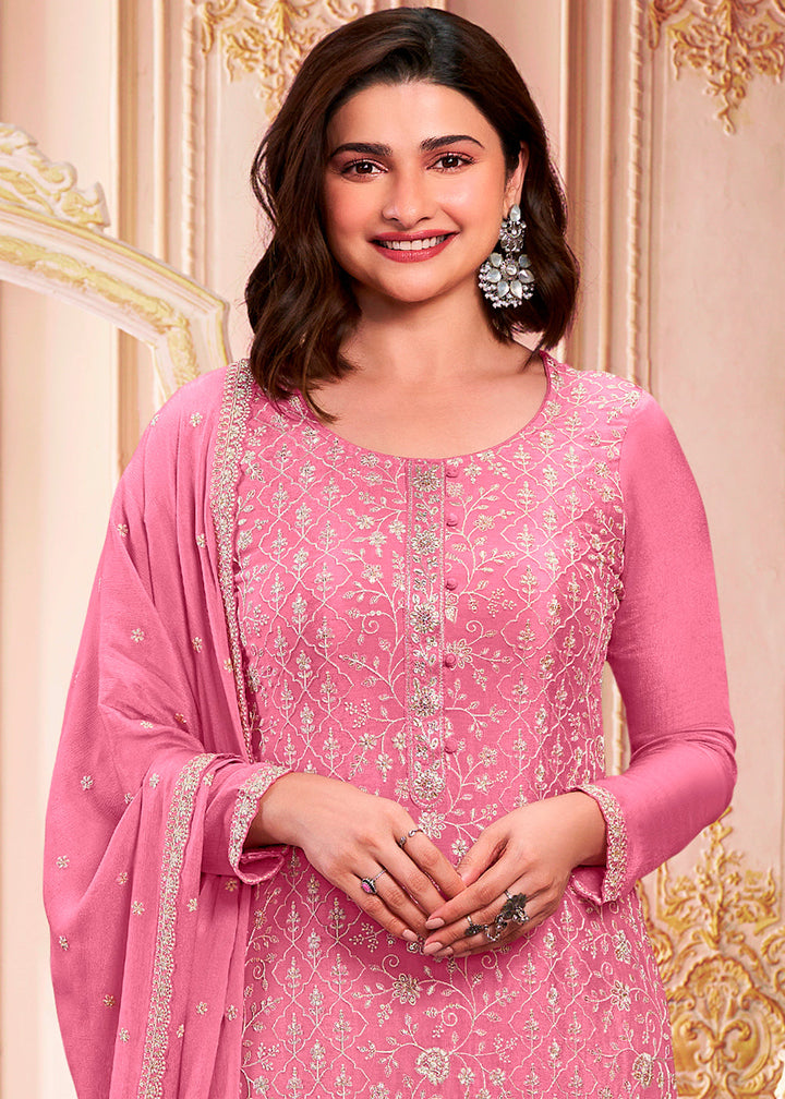 Cream Pink Designer Thread Embroidered Chinon Silk Suit