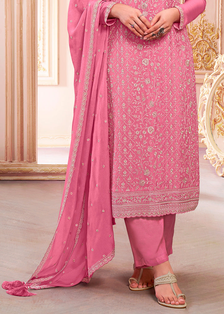 Cream Pink Designer Thread Embroidered Chinon Silk Suit