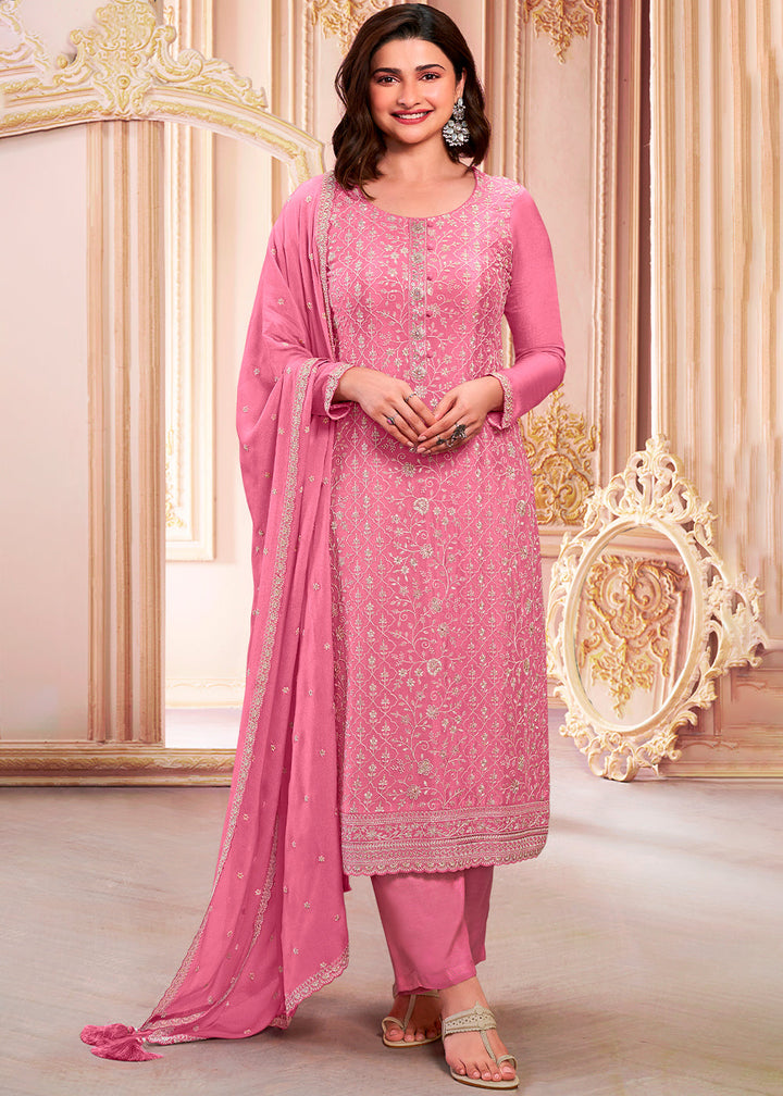 Cream Pink Designer Thread Embroidered Chinon Silk Suit