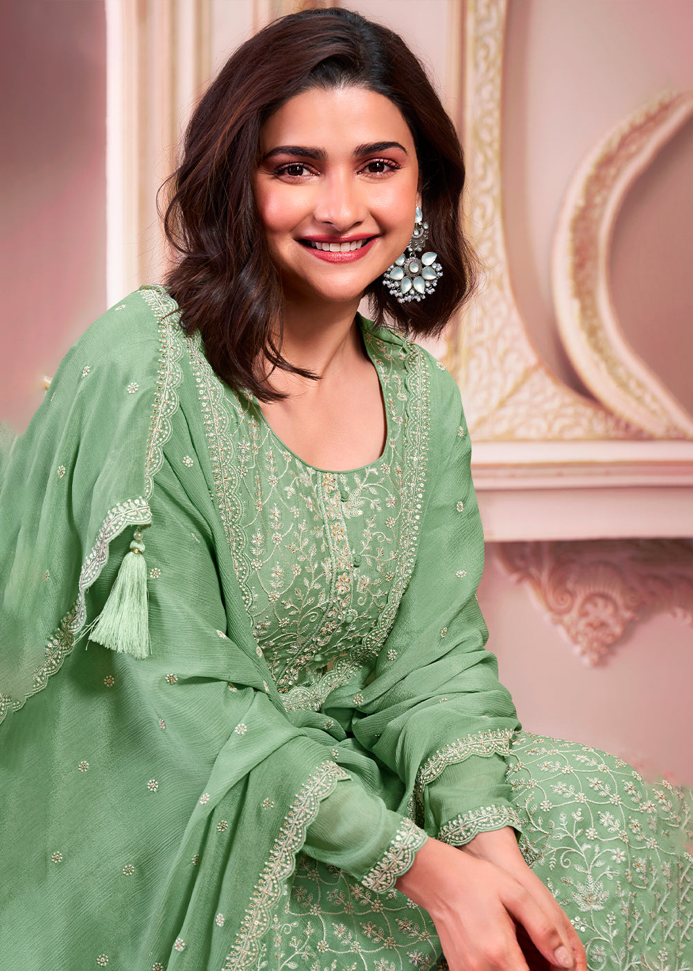 Fern Green Designer Thread Embroidered Chinon Silk Suit