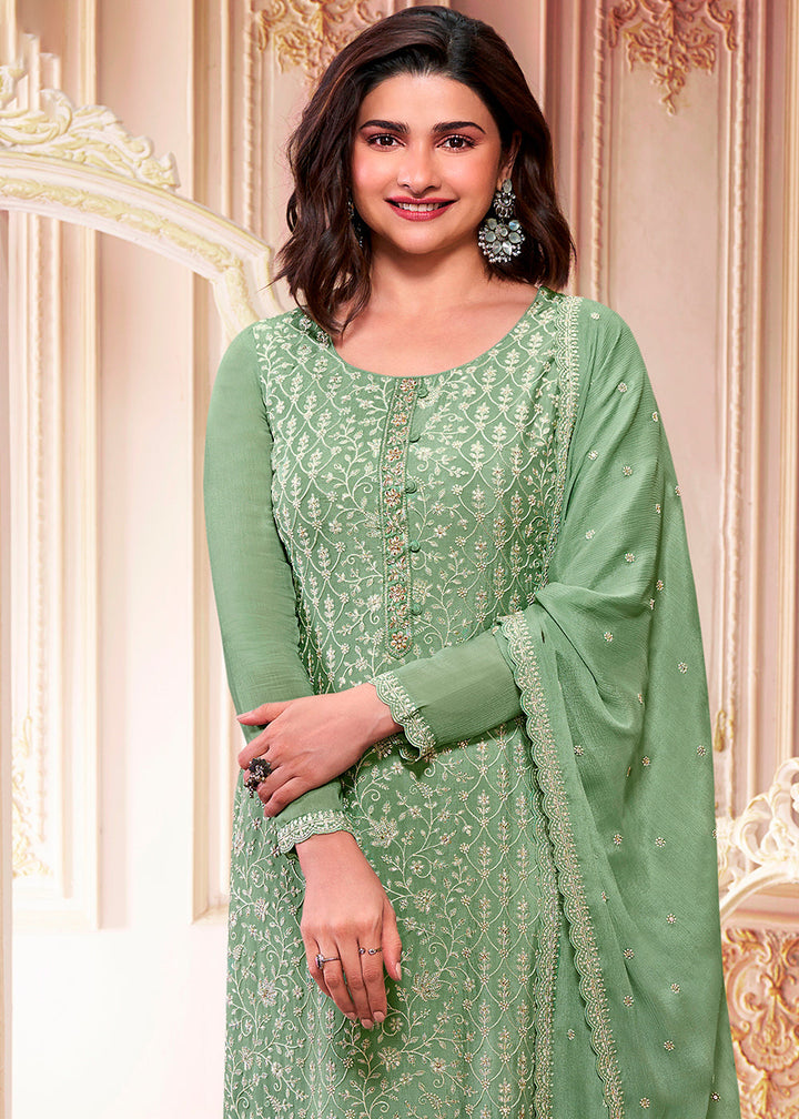 Fern Green Designer Thread Embroidered Chinon Silk Suit