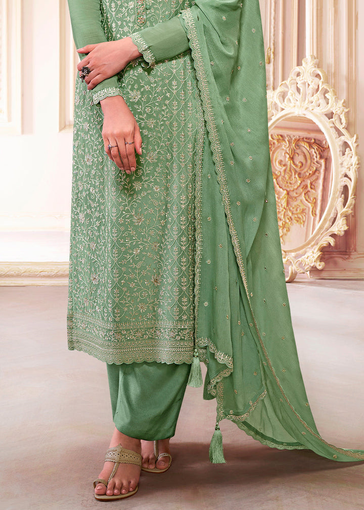 Fern Green Designer Thread Embroidered Chinon Silk Suit