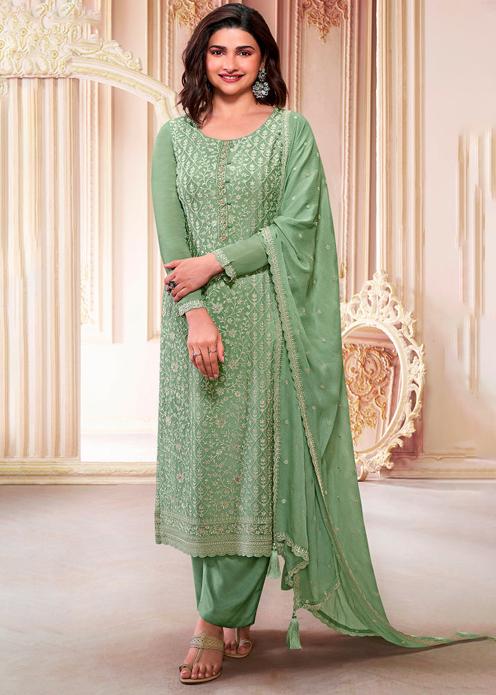 Fern Green Designer Thread Embroidered Chinon Silk Suit