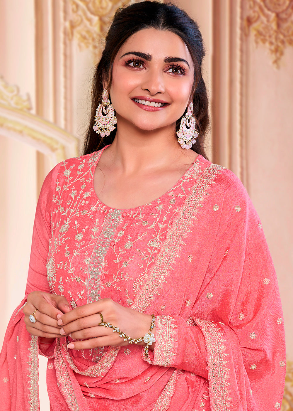 Punch Pink Designer Thread Embroidered Chinon Silk Suit