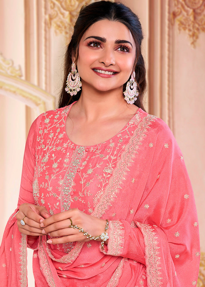 Punch Pink Designer Thread Embroidered Chinon Silk Suit