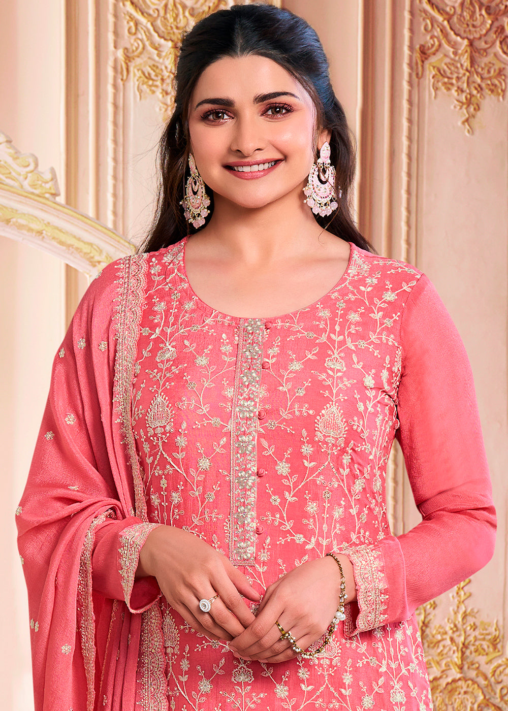 Punch Pink Designer Thread Embroidered Chinon Silk Suit