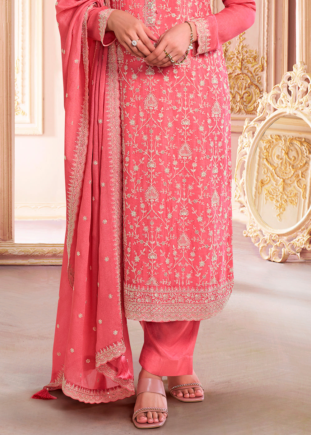 Punch Pink Designer Thread Embroidered Chinon Silk Suit