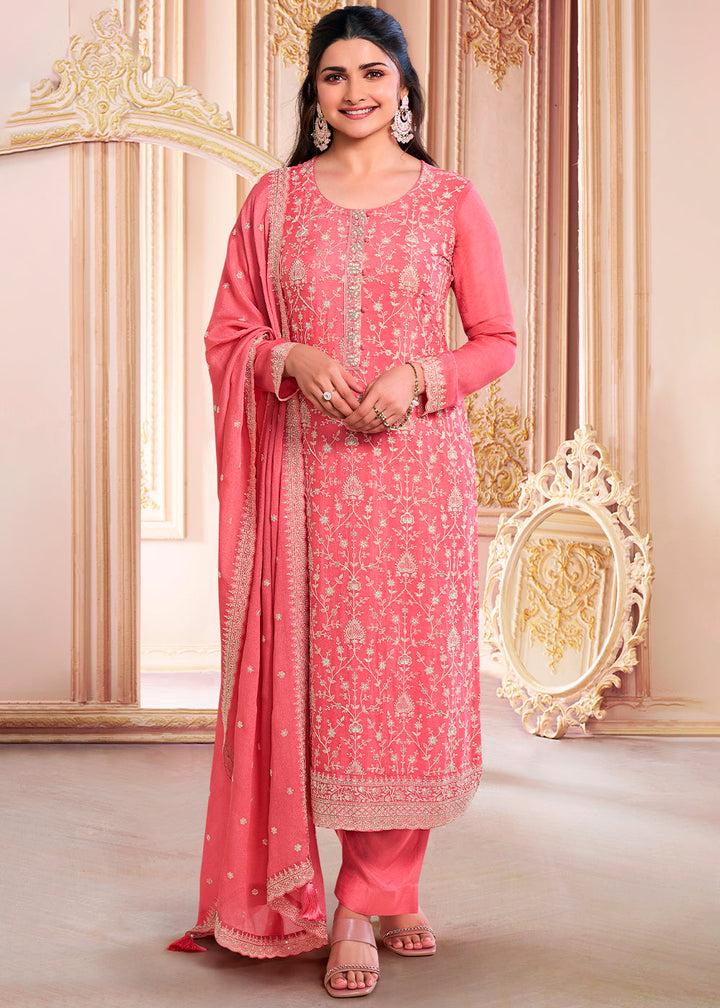 Punch Pink Designer Thread Embroidered Chinon Silk Suit