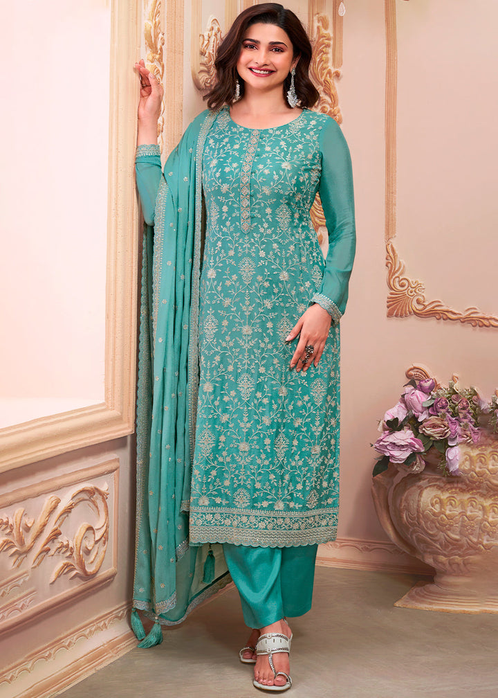 Turquoise Blue Designer Thread Embroidered Chinon Silk Suit