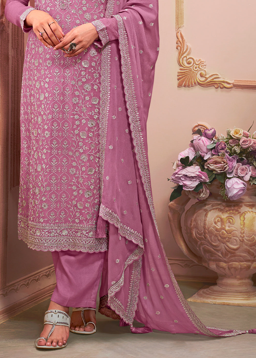 Lilac Purple Designer Thread Embroidered Chinon Silk Suit