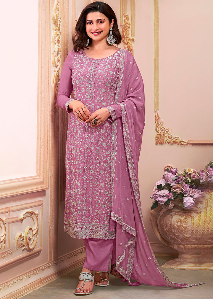 Lilac Purple Designer Thread Embroidered Chinon Silk Suit