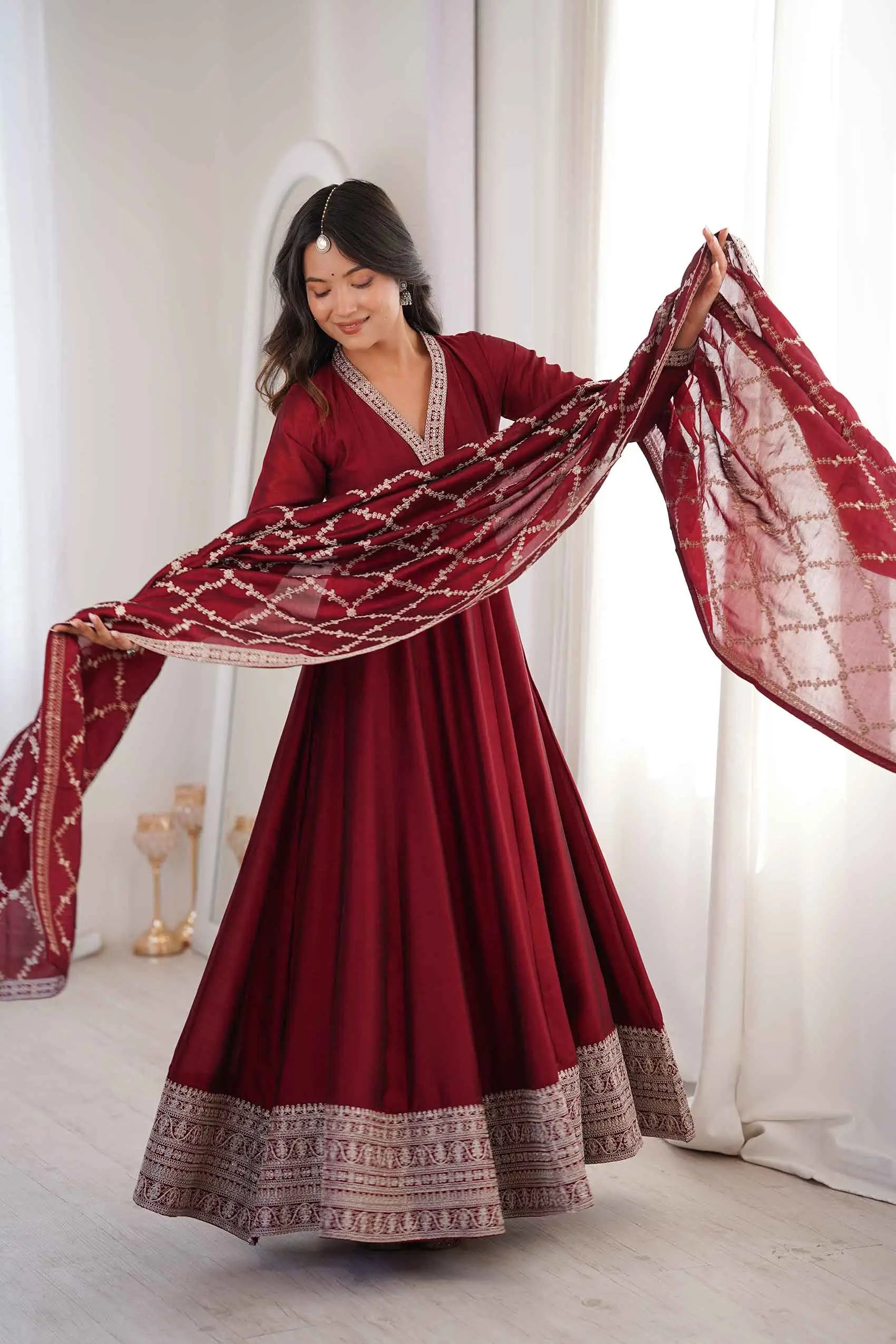 Dark Maroon Silk Embroidery Work Gown