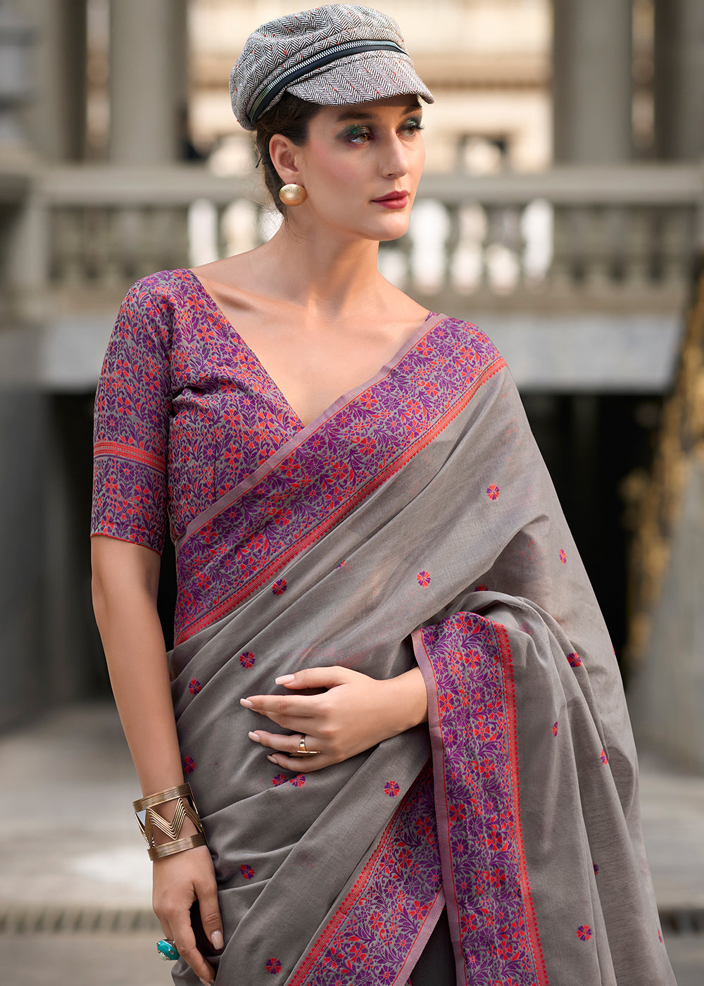 Ash Grey Linen Silk Saree