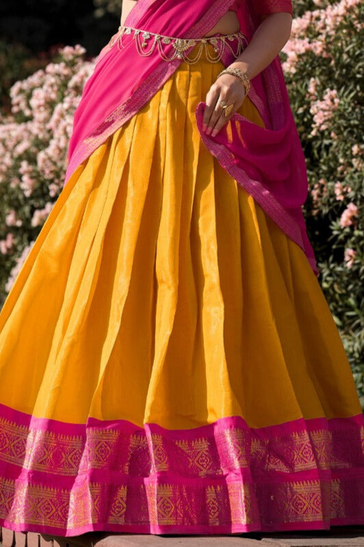 Beautiful mustard-colored Kanchipuram silk lehenga choli outfit for special occasions