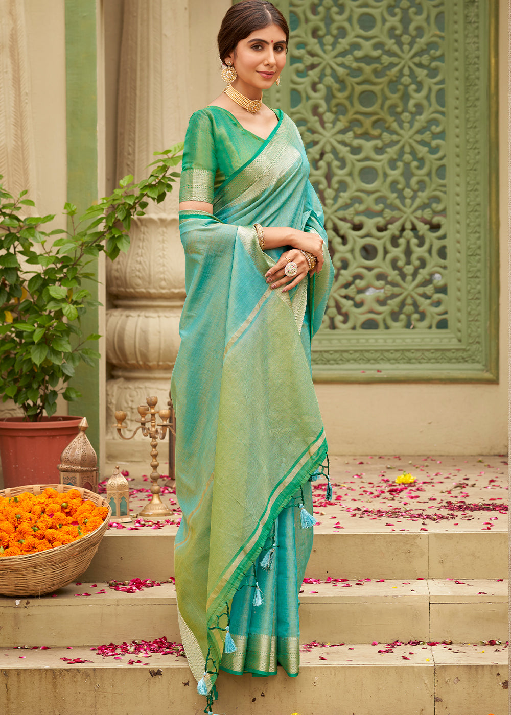 Sky Blue Tussar Silk Saree