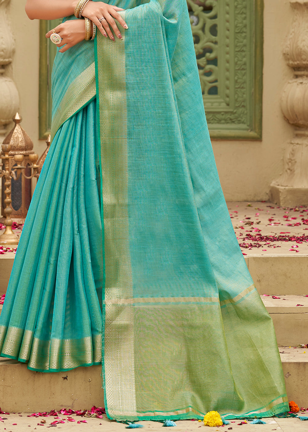 Sky Blue Tussar Silk Saree