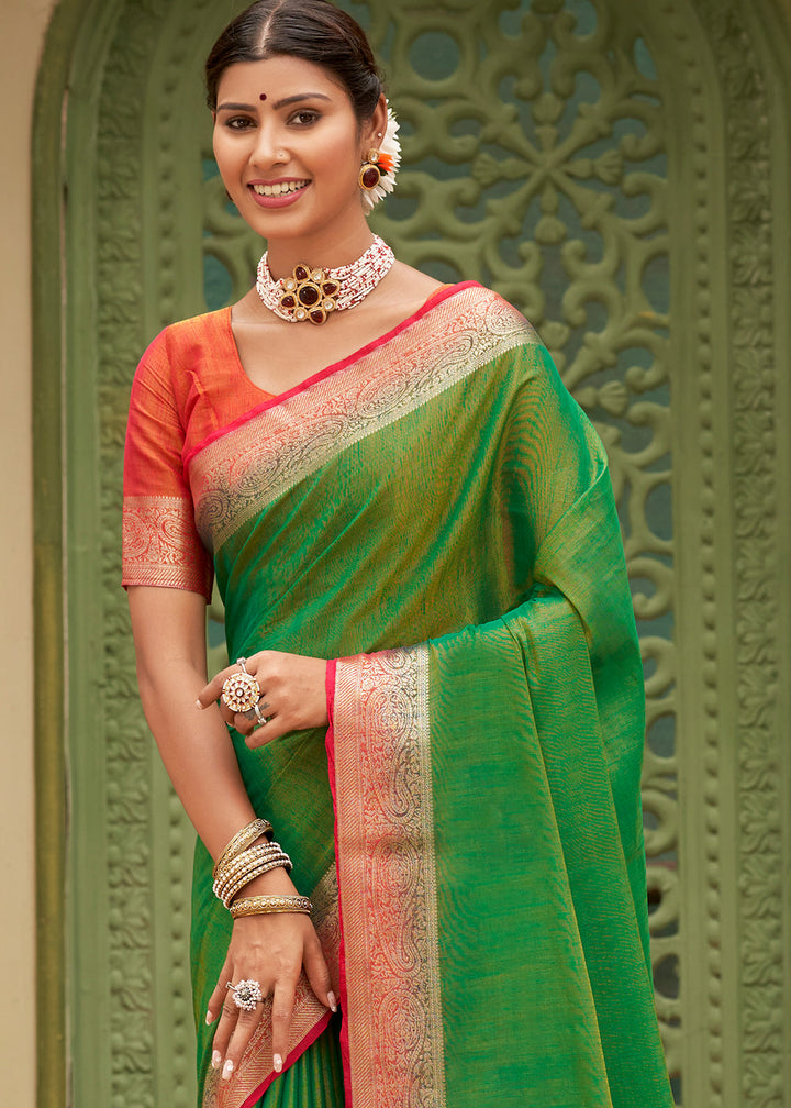 Forest Green Tussar Silk Saree