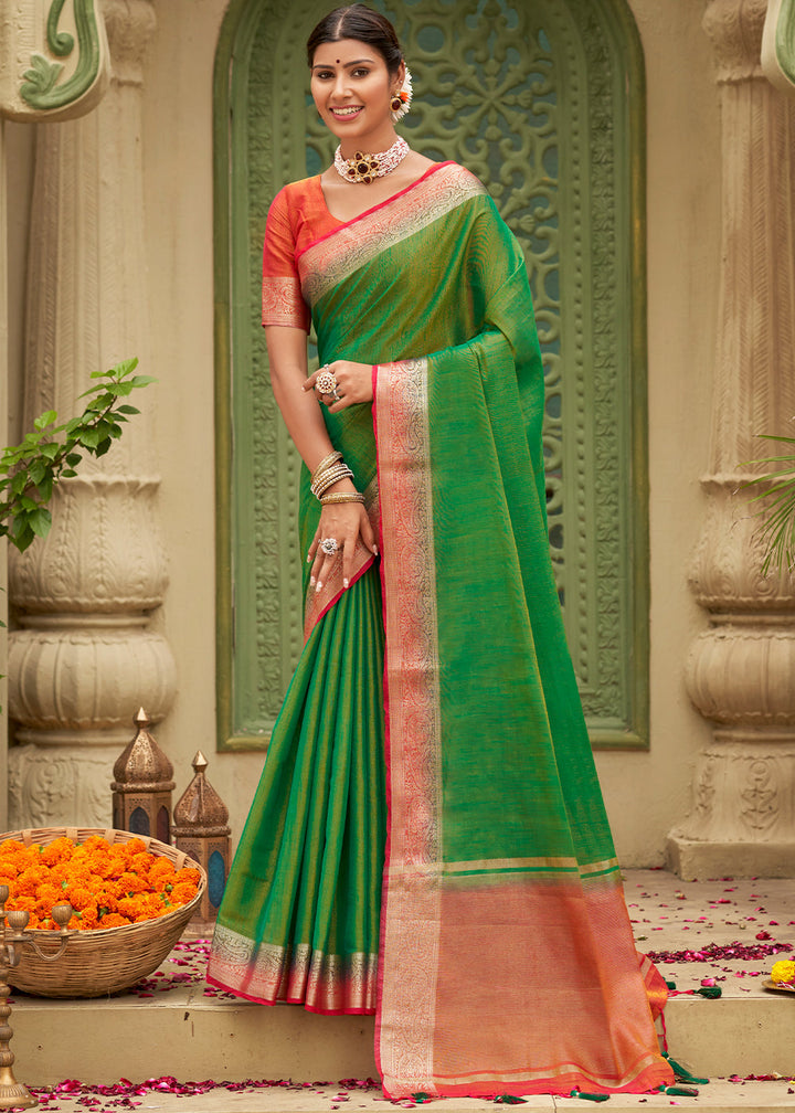 Forest Green Tussar Silk Saree