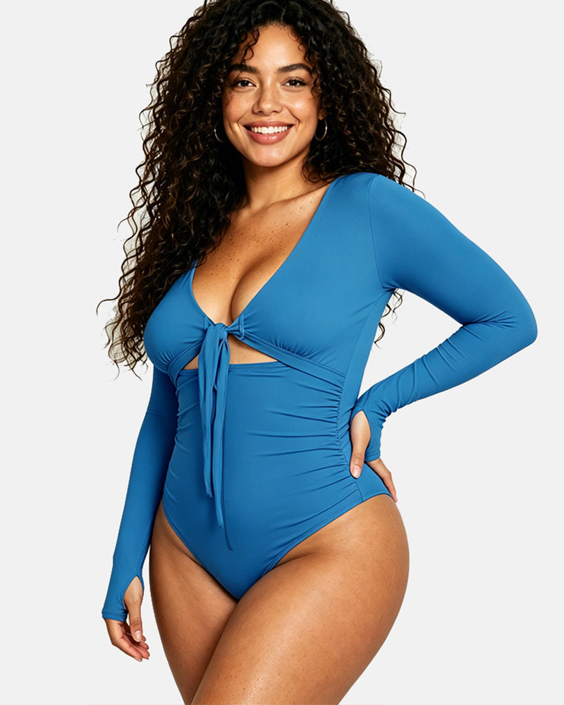 Shapshe® Blue Long Sleeve Built In Shapewear Tummy Cotrol Girdle Swimsuit  - By Qivii