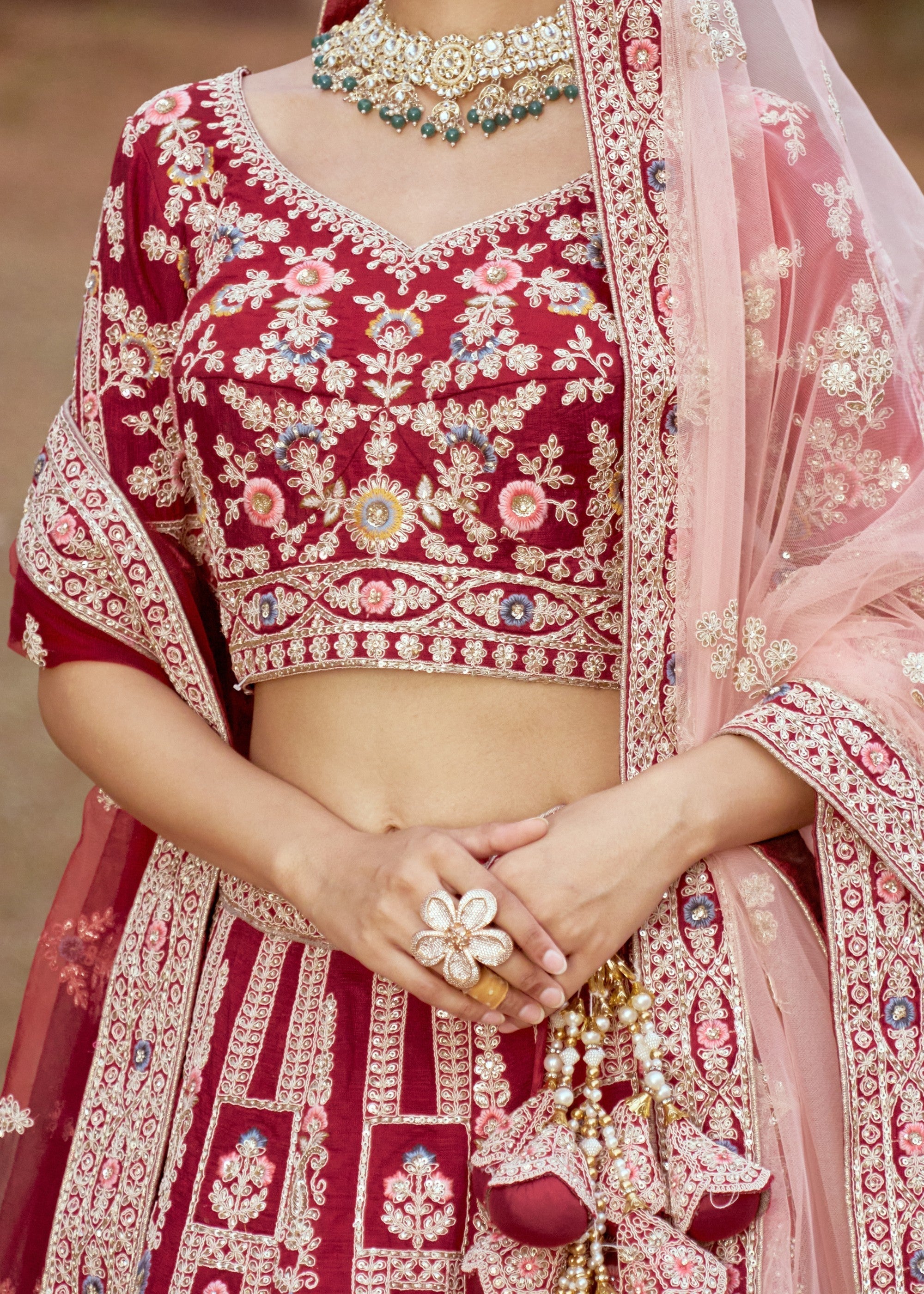 Maroon Pure Silk Moti, Sequins Embroidery Bridal Lehenga | Ready To Wear - qivii