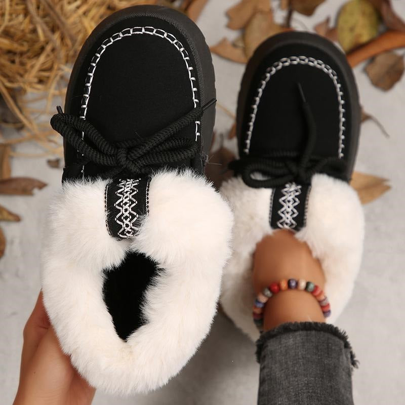 Women's FrostHaven Faux Fur Lined Winter Shoes by Bootara, suede lace-up moccasins with cozy fur lining, available in US sizes 5.5-10.5.