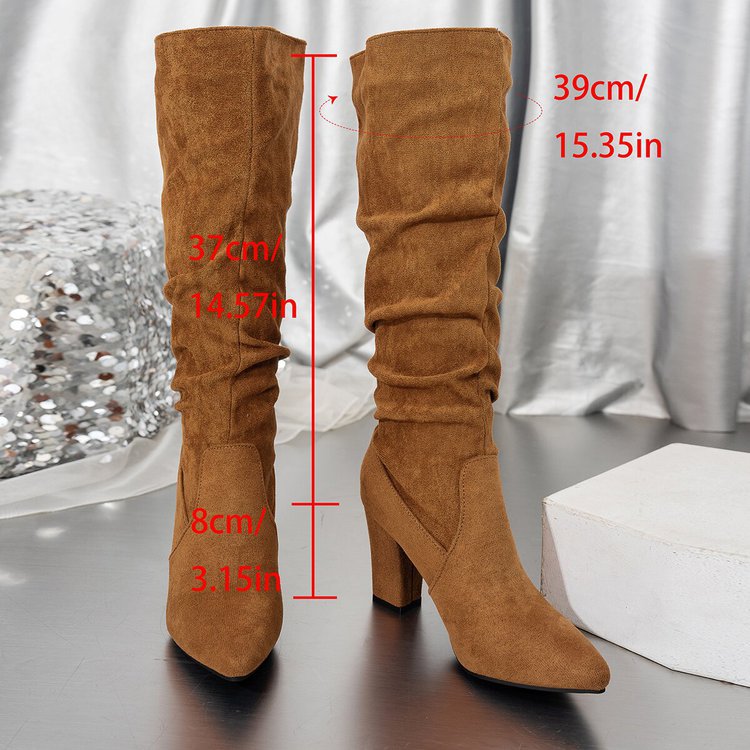 Women’s Suede ChunkyEdge Knee-High Boots – Pointed Toe Chunky Heel Tall Boots (US 4–10.5)