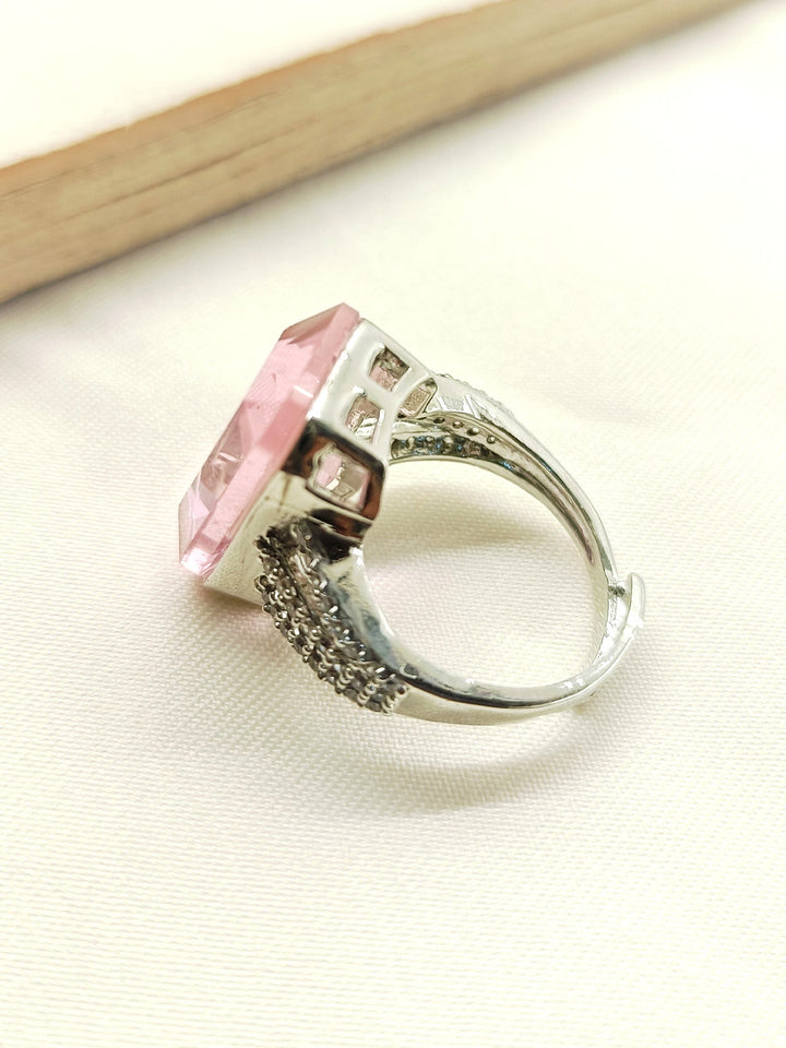  Exquisite pink American Diamond finger ring with silver band designed for special occasions