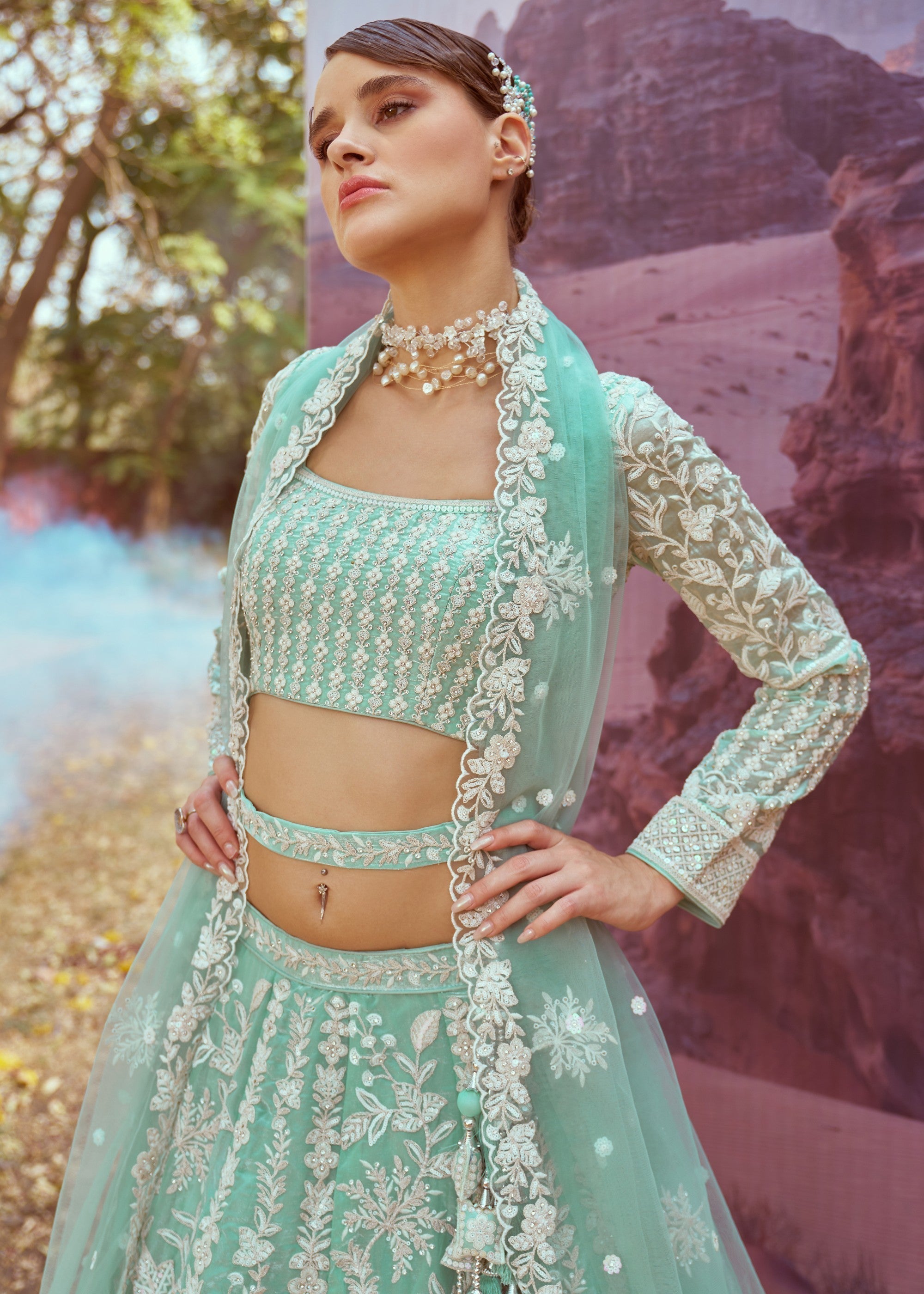 Sea green Organza Sequins embroidery Lehenga | Ready To Wear - qivii